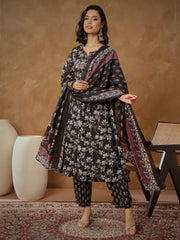 Women Black Floral Anarkali Kurta With Afghani Pants & Dupatta-SHSET96560