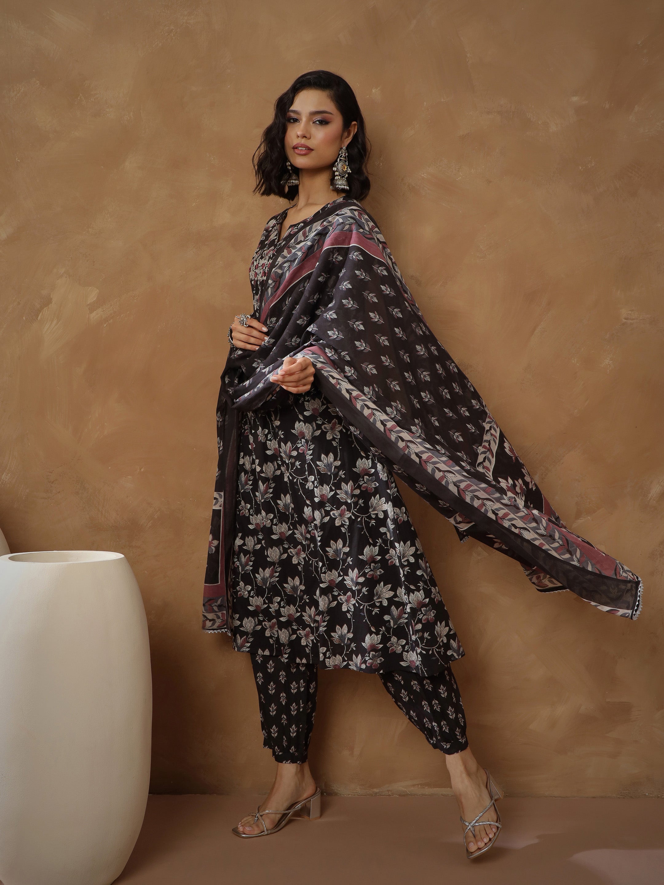 Women Black Floral Anarkali Kurta With Afghani Pants & Dupatta-SHSET96560
