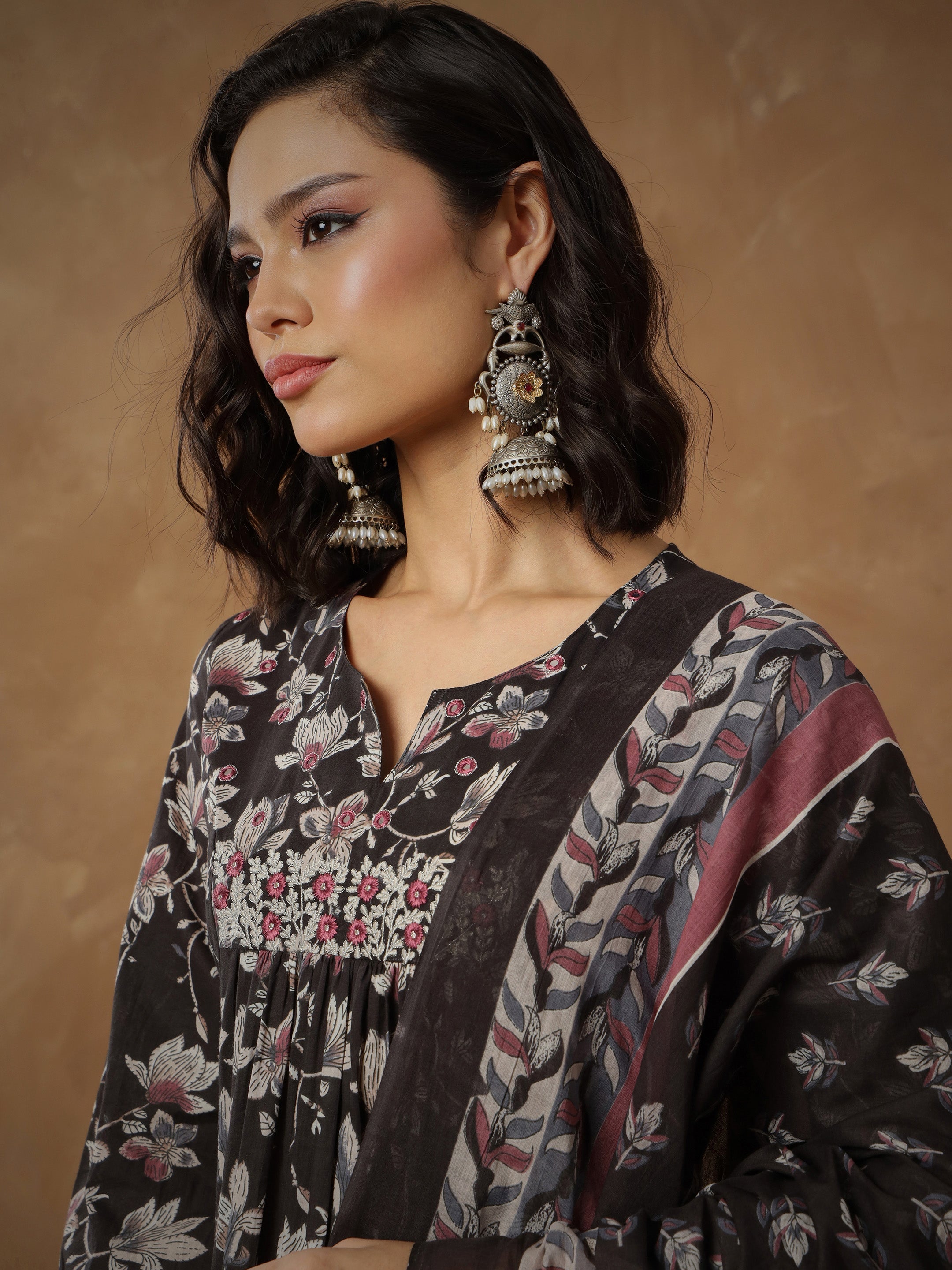 Women Black Floral Anarkali Kurta With Afghani Pants & Dupatta-SHSET96560