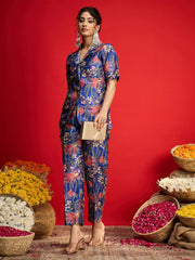 Women Navy Floral Blazer With Tapered Pants-SHSET96568