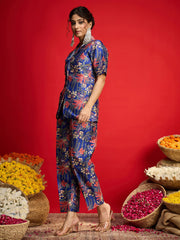 Women Navy Floral Blazer With Tapered Pants-SHSET96568