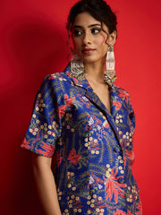 Women Navy Floral Blazer With Tapered Pants-SHSET96568