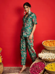 Women Green Floral Blazer With Tapered Pants-SHSET96569