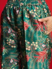 Women Green Floral Blazer With Tapered Pants-SHSET96569