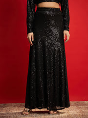 Women Black Sequence Crop Top With Fish Cut Skirt-SHSET96571