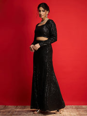 Women Black Sequence Crop Top With Fish Cut Skirt-SHSET96571
