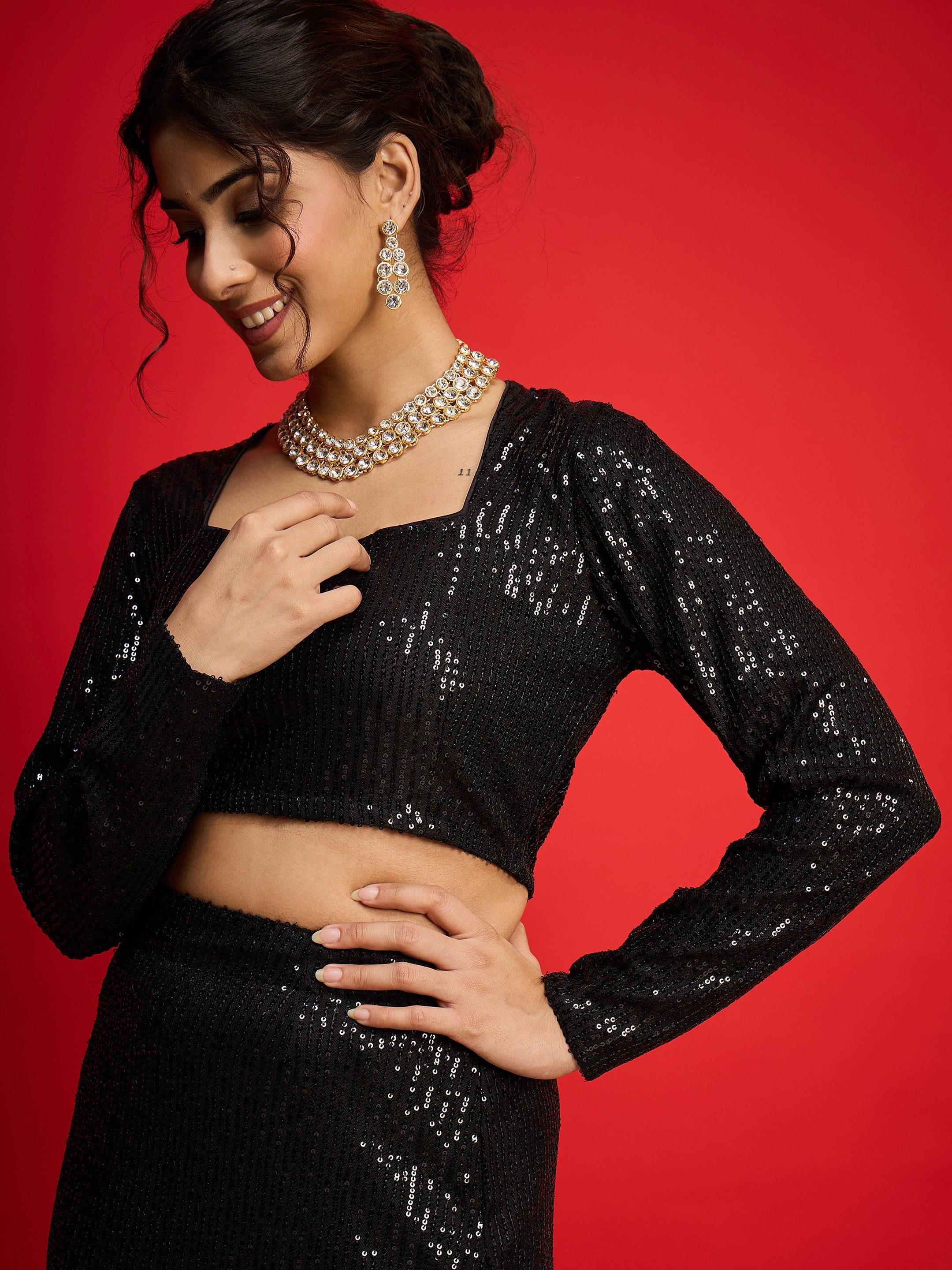 Women Black Sequence Crop Top With Fish Cut Skirt-SHSET96571