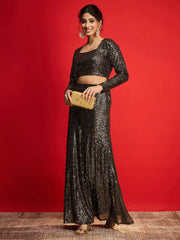 Women Black With Golden Sequence Crop Top With Fish Cut Skirt-SHSET96572