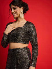 Women Black With Golden Sequence Crop Top With Fish Cut Skirt-SHSET96572