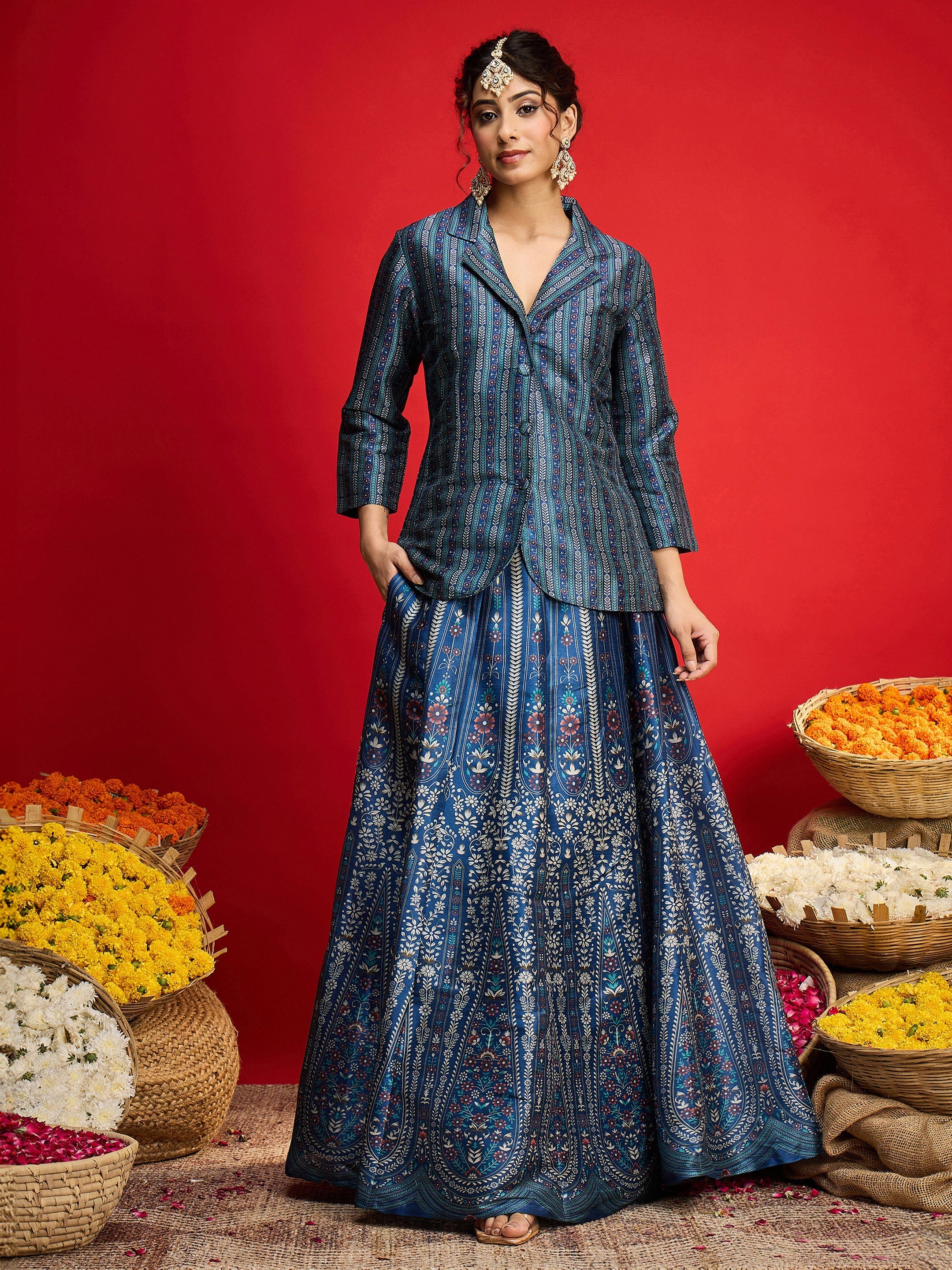Women Blue Multi Floral Blazer Top With Anarkali Skirt-SHSET96573