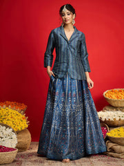 Women Blue Multi Floral Blazer Top With Anarkali Skirt-SHSET96573