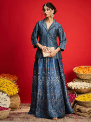 Women Blue Multi Floral Blazer Top With Anarkali Skirt-SHSET96573