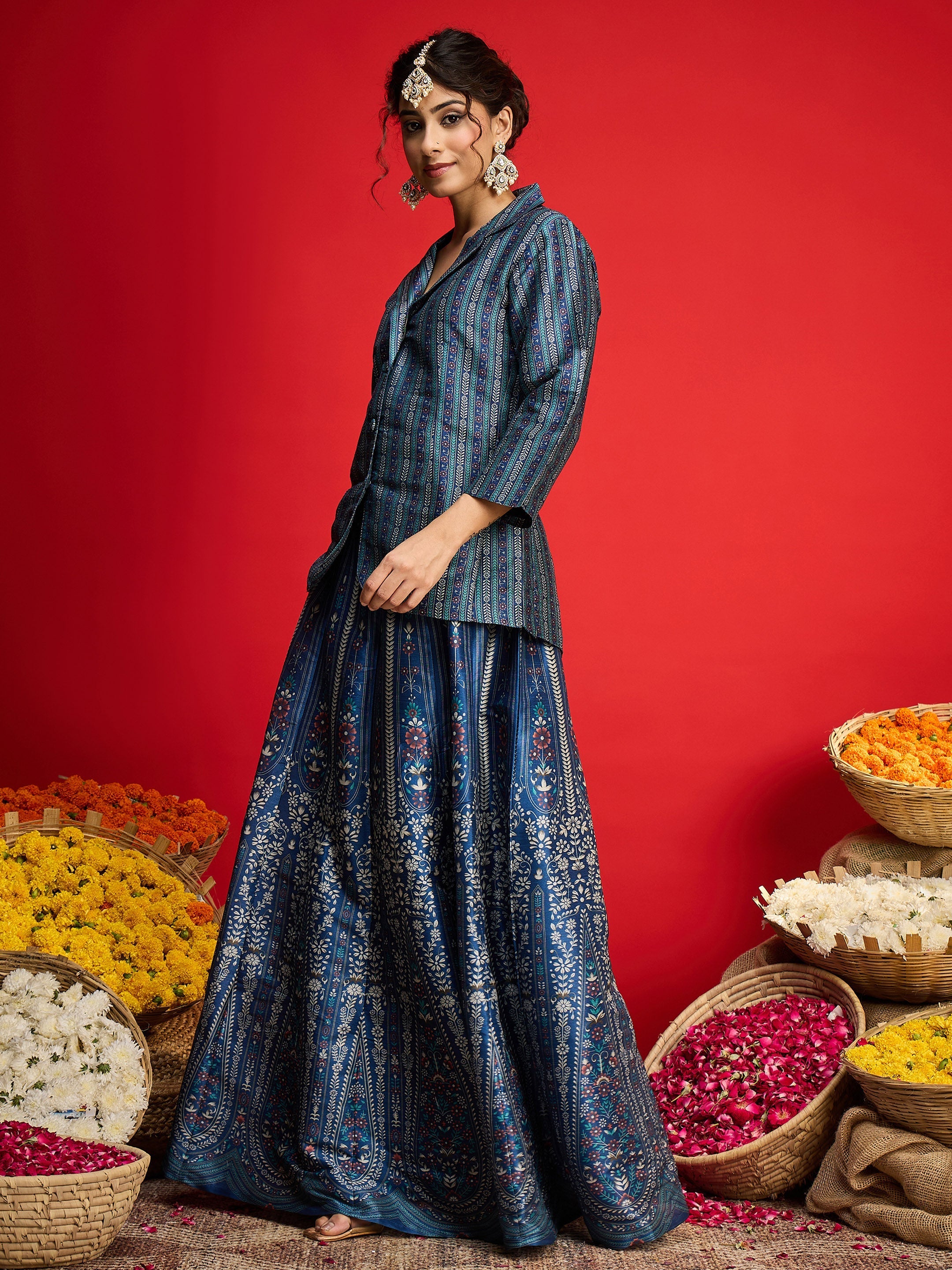 Women Blue Multi Floral Blazer Top With Anarkali Skirt-SHSET96573