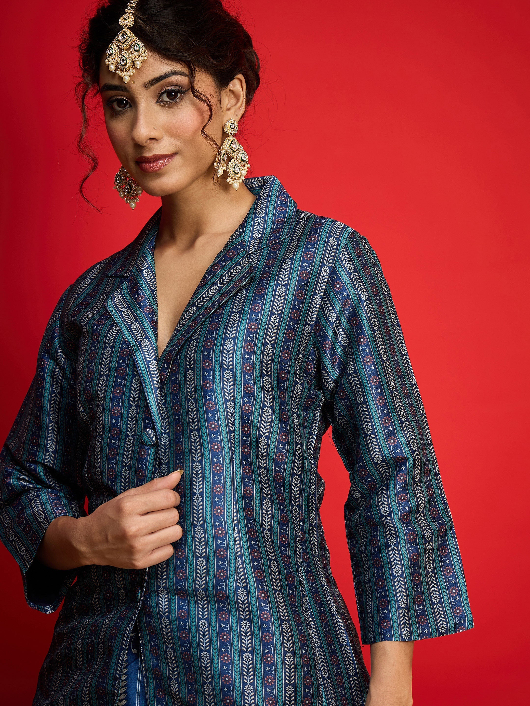 Women Blue Multi Floral Blazer Top With Anarkali Skirt-SHSET96573