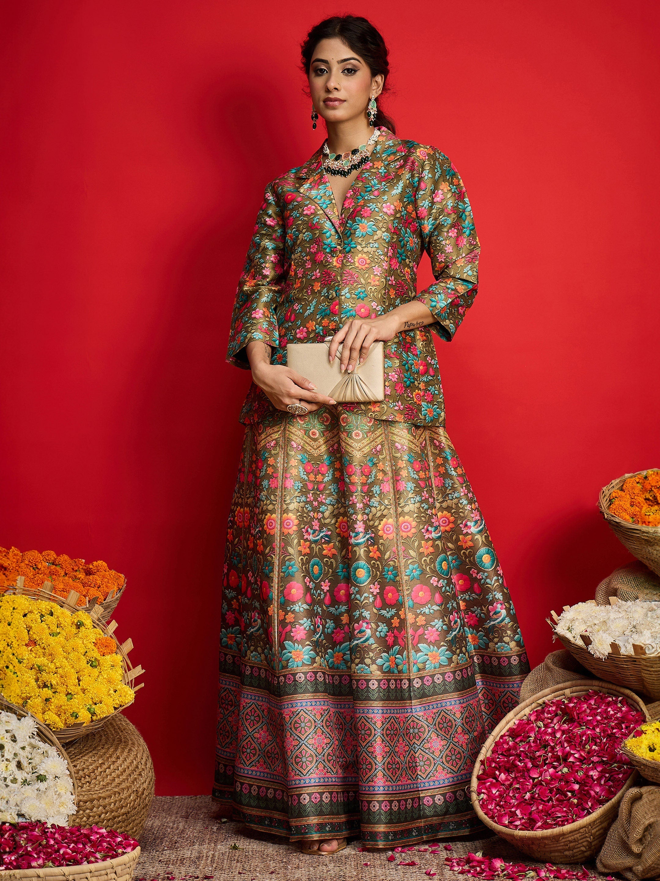 Women Olive Multi Floral Blazer Top With Anarkali Skirt-SHSET96574
