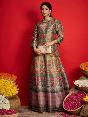 Women Olive Multi Floral Blazer Top With Anarkali Skirt-SHSET96574