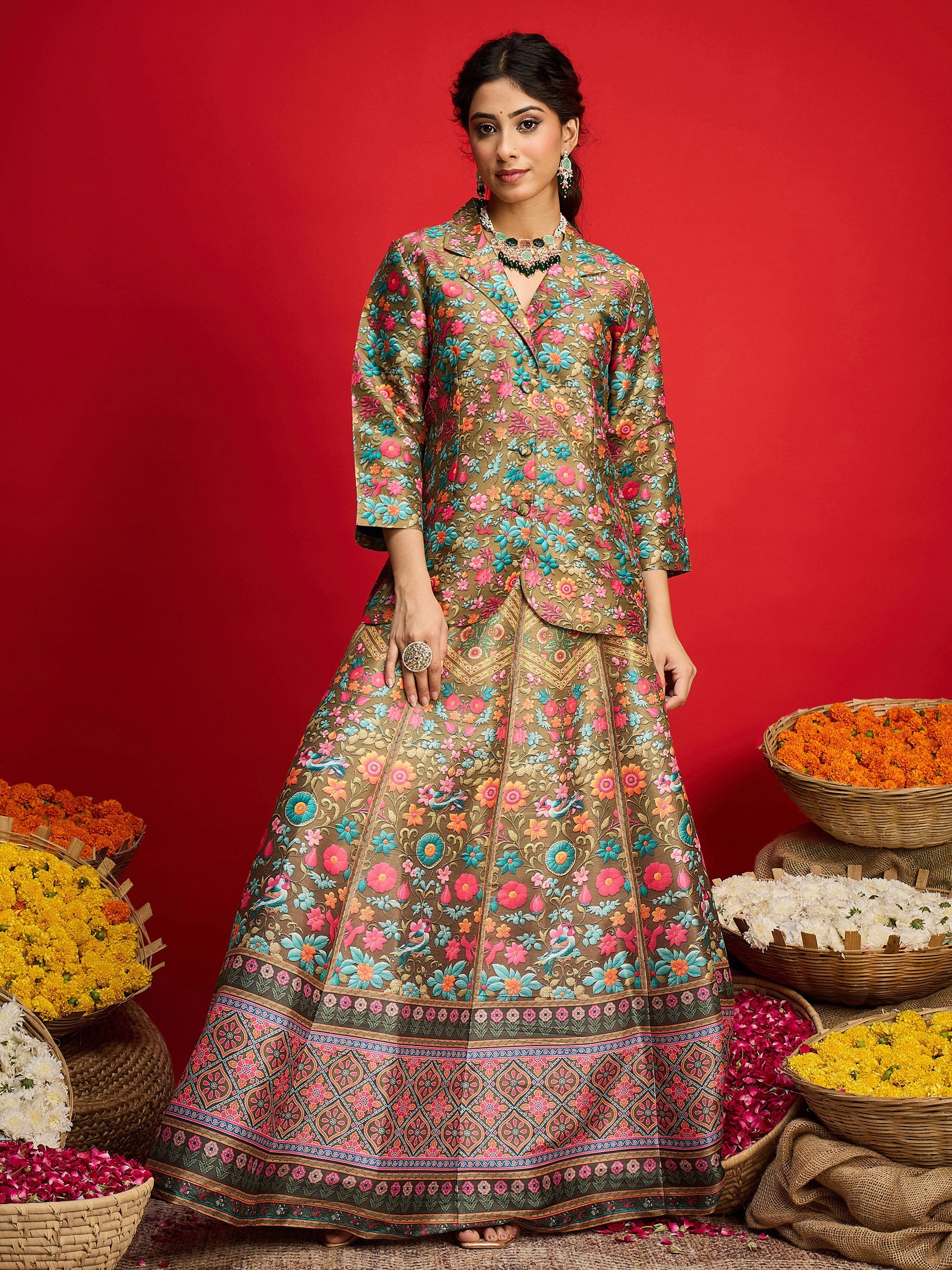 Women Olive Multi Floral Blazer Top With Anarkali Skirt-SHSET96574