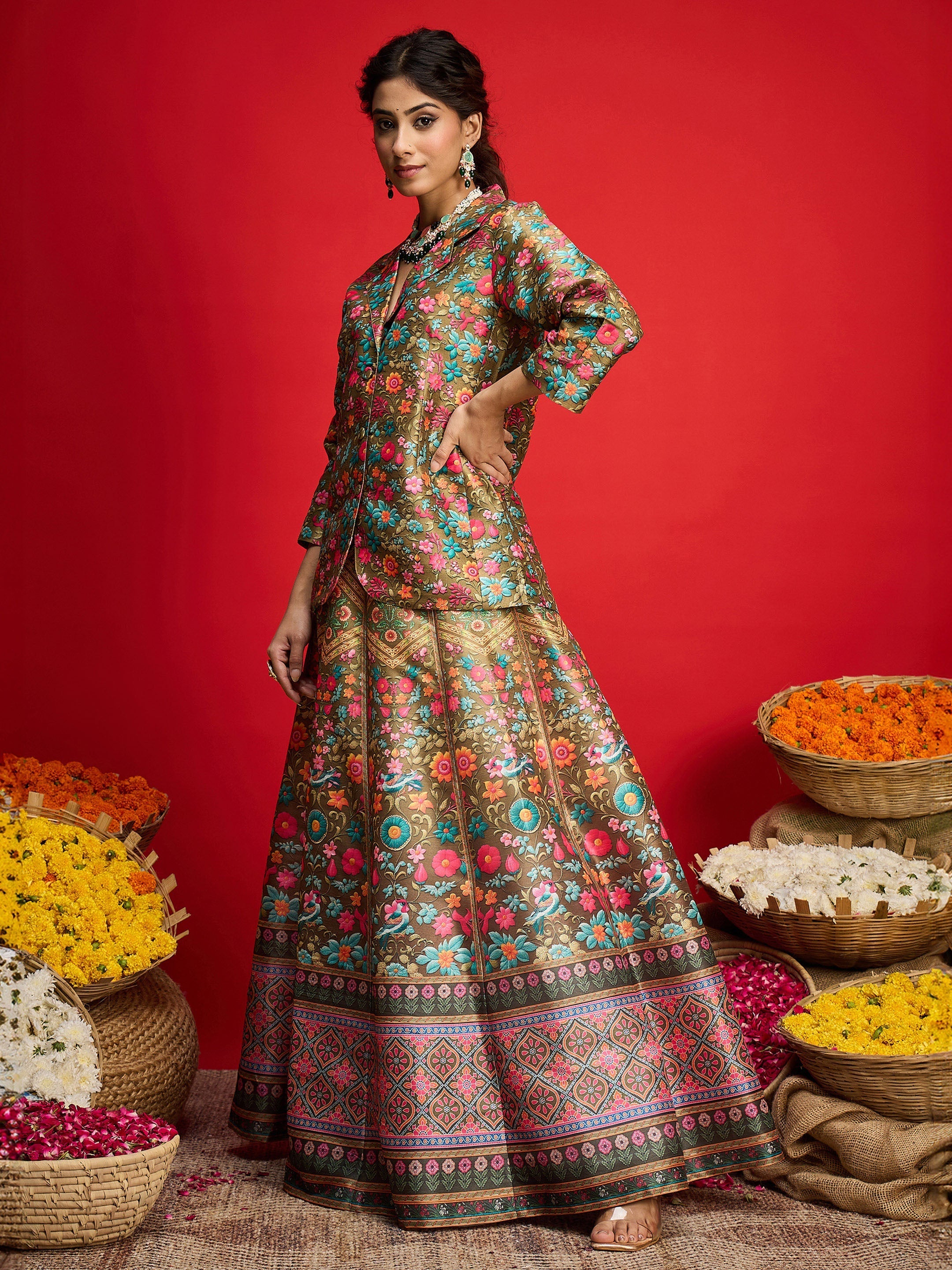 Women Olive Multi Floral Blazer Top With Anarkali Skirt-SHSET96574