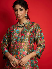 Women Olive Multi Floral Blazer Top With Anarkali Skirt-SHSET96574