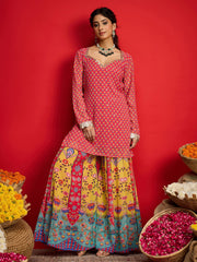 Women Pink Floral Georgette Short Kurta With A Line Kali Palazzo-SHSET96575