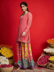 Women Pink Floral Georgette Short Kurta With A Line Kali Palazzo-SHSET96575