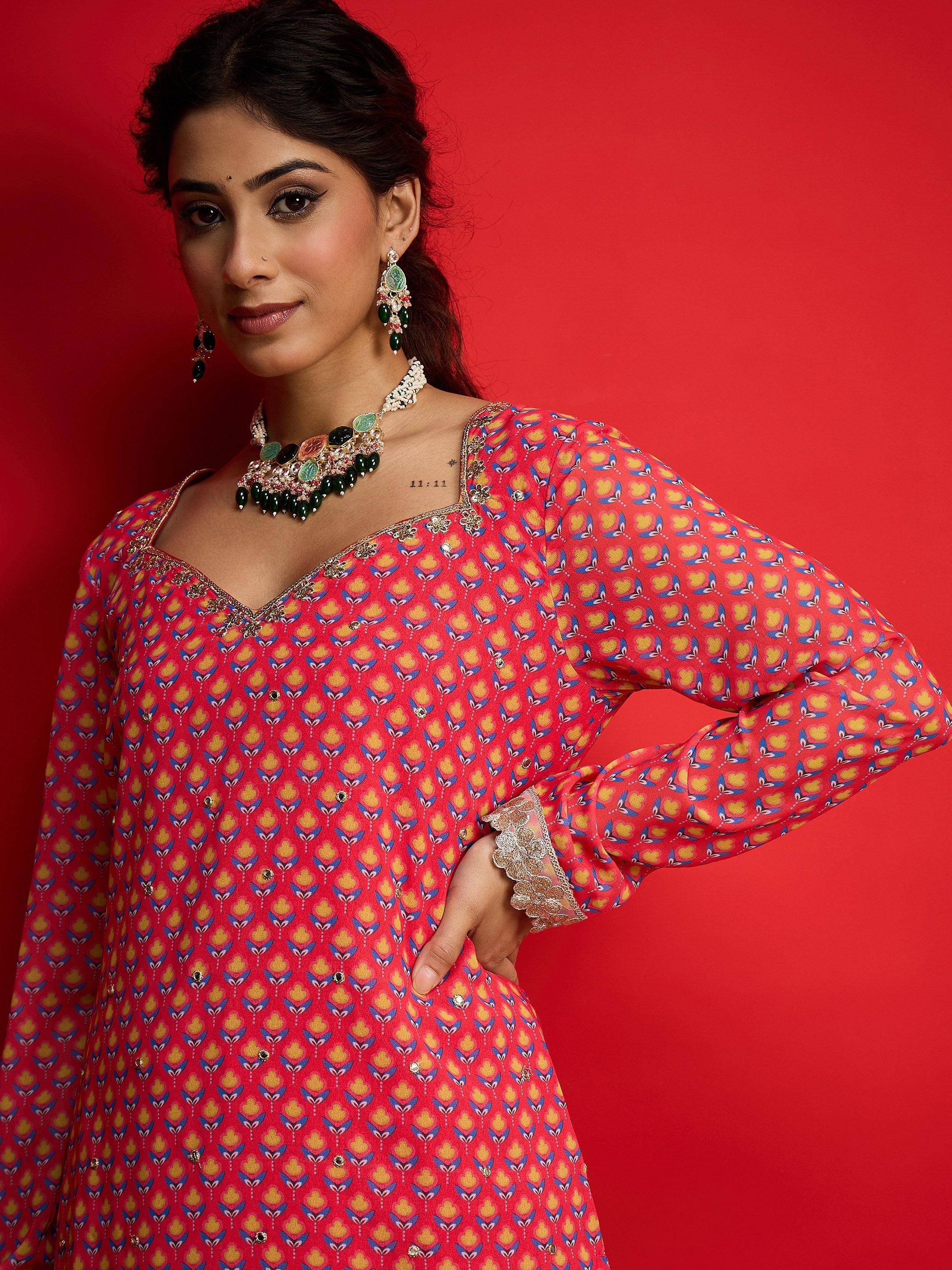 Women Pink Floral Georgette Short Kurta With A Line Kali Palazzo-SHSET96575