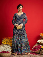 Women Navy Floral Georgette Short Kurta With A Line Kali Palazzo-SHSET96576