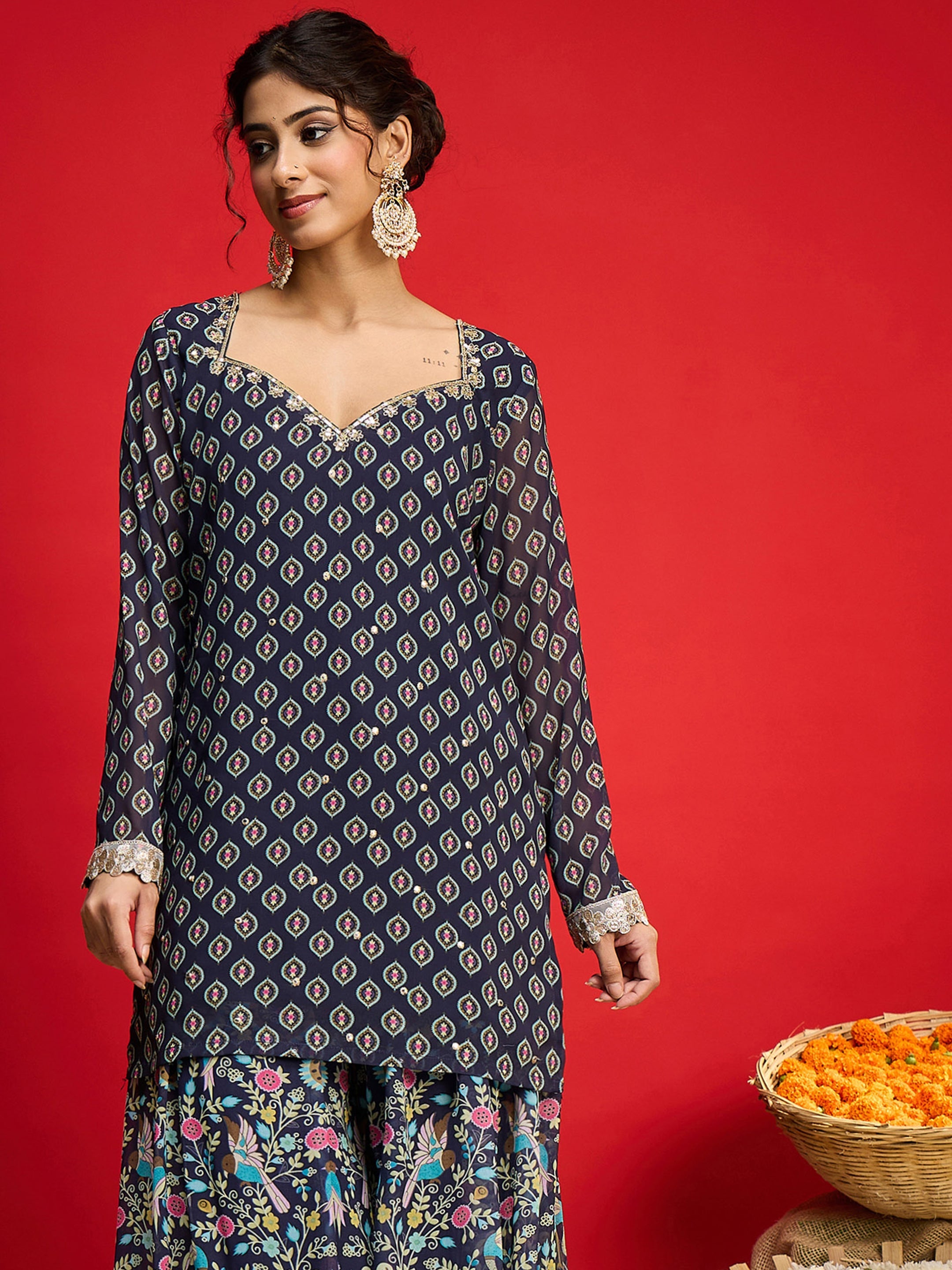 Women Navy Floral Georgette Short Kurta With A Line Kali Palazzo-SHSET96576