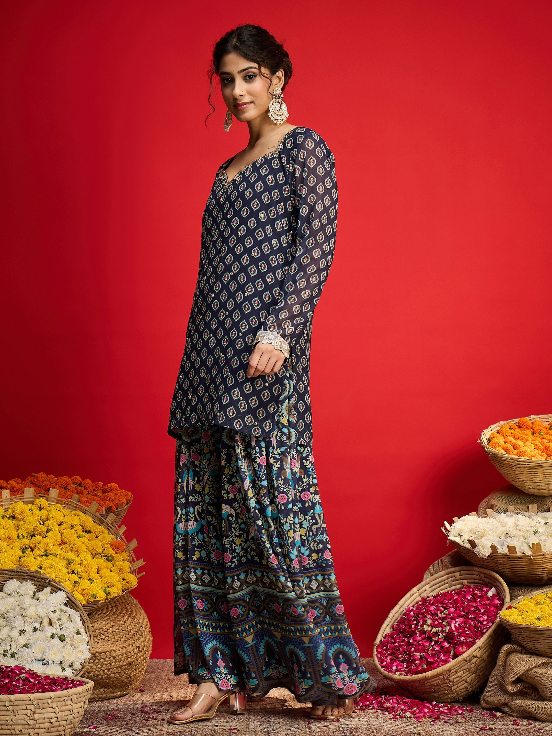 Women Navy Floral Georgette Short Kurta With A Line Kali Palazzo-SHSET96576