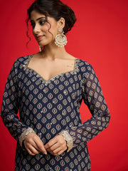 Women Navy Floral Georgette Short Kurta With A Line Kali Palazzo-SHSET96576