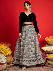 Women Black Velvet Embroidered Crop Top With Anarkali Skirt-SHSET96577