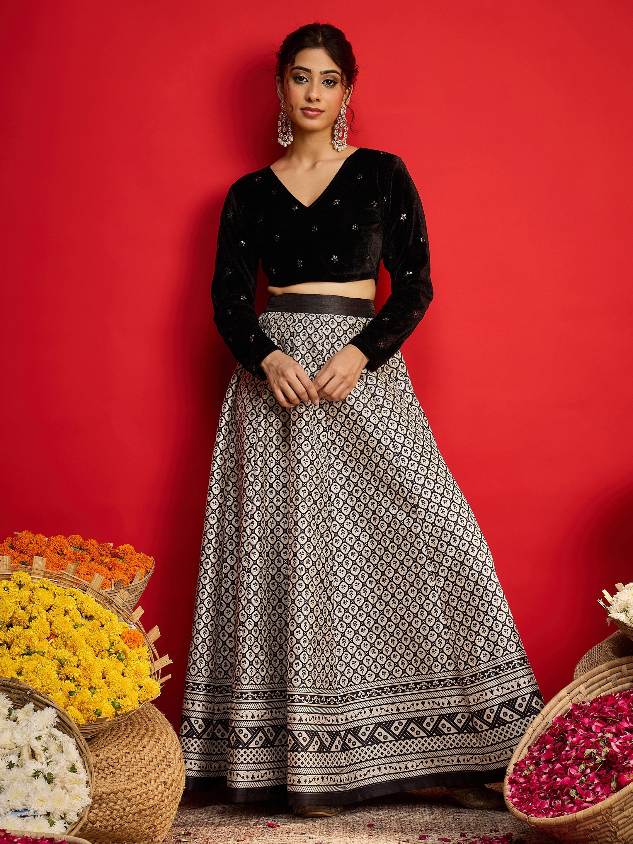 Women Black Velvet Embroidered Crop Top With Anarkali Skirt-SHSET96577