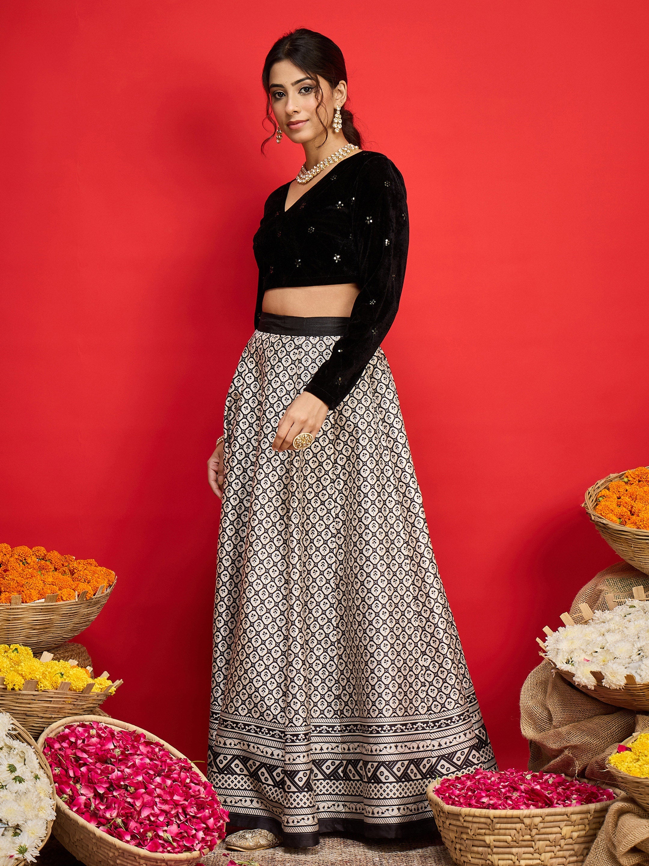 Women Black Velvet Embroidered Crop Top With Anarkali Skirt-SHSET96577