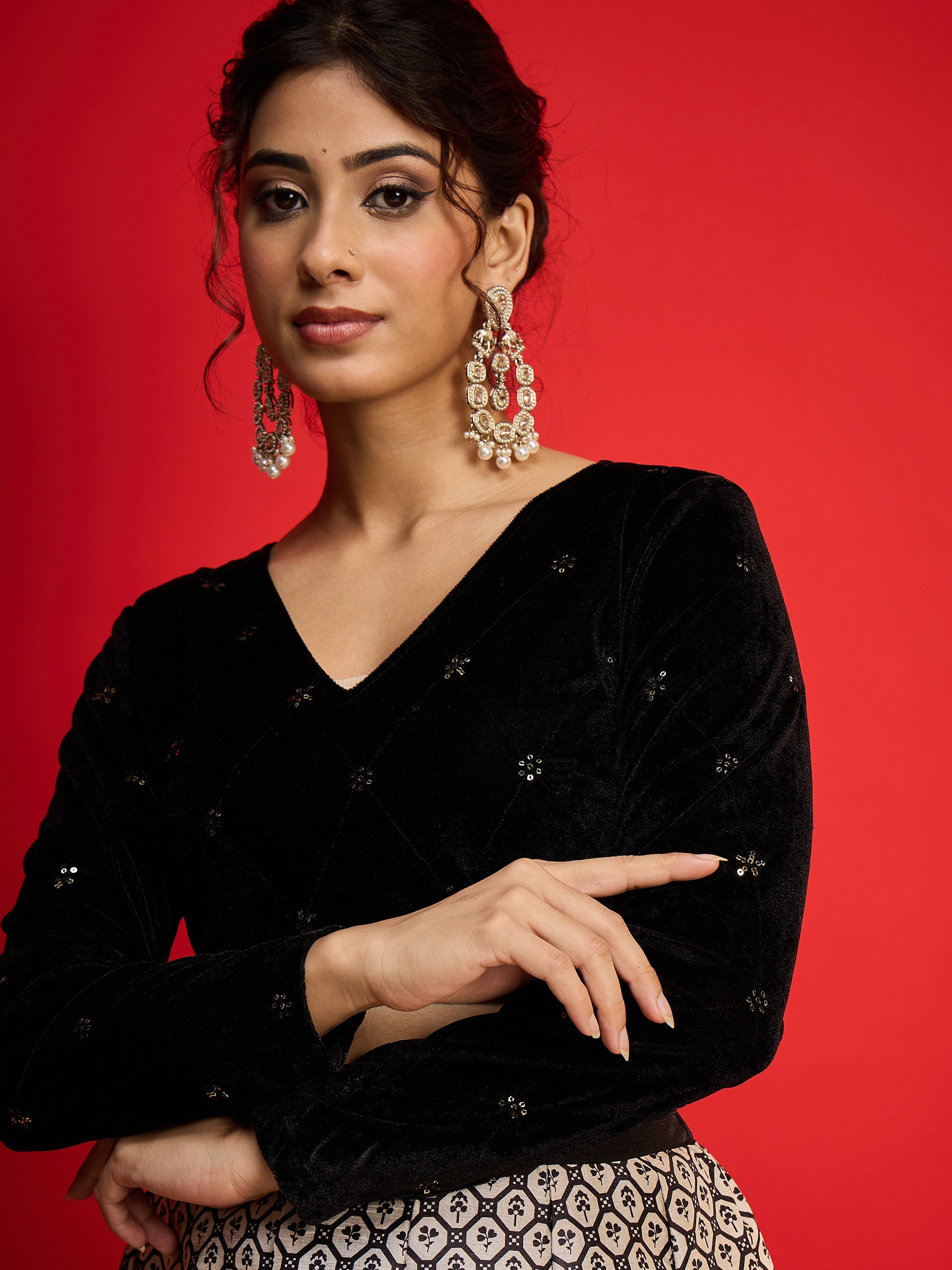 Women Black Velvet Embroidered Crop Top With Anarkali Skirt-SHSET96577