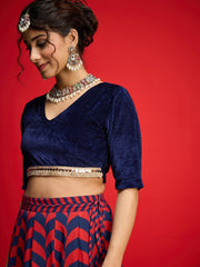 Women Navy Velvet Short Sleeves Crop Top With Anarkali Skirt-SHSET96578
