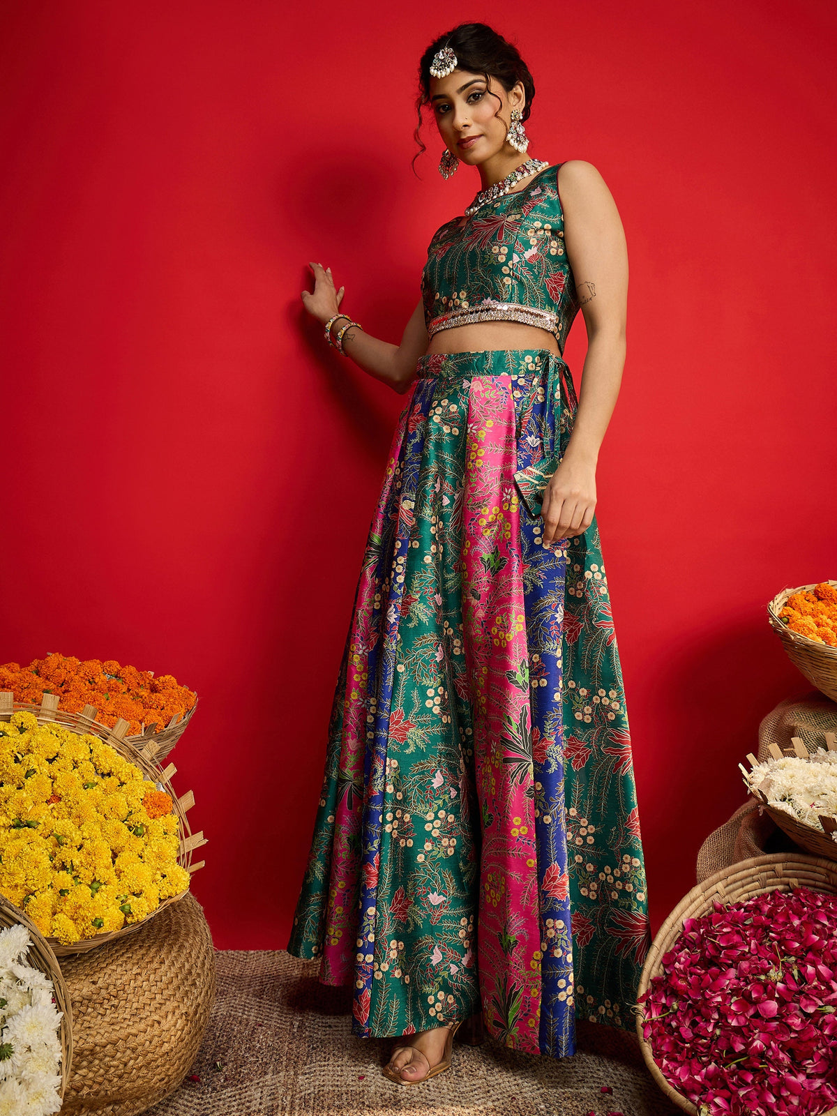 Women Green Multi Floral Anarkali Skirt With Crop Top-SHSET96579