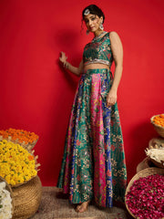 Women Green Multi Floral Anarkali Skirt With Crop Top-SHSET96579