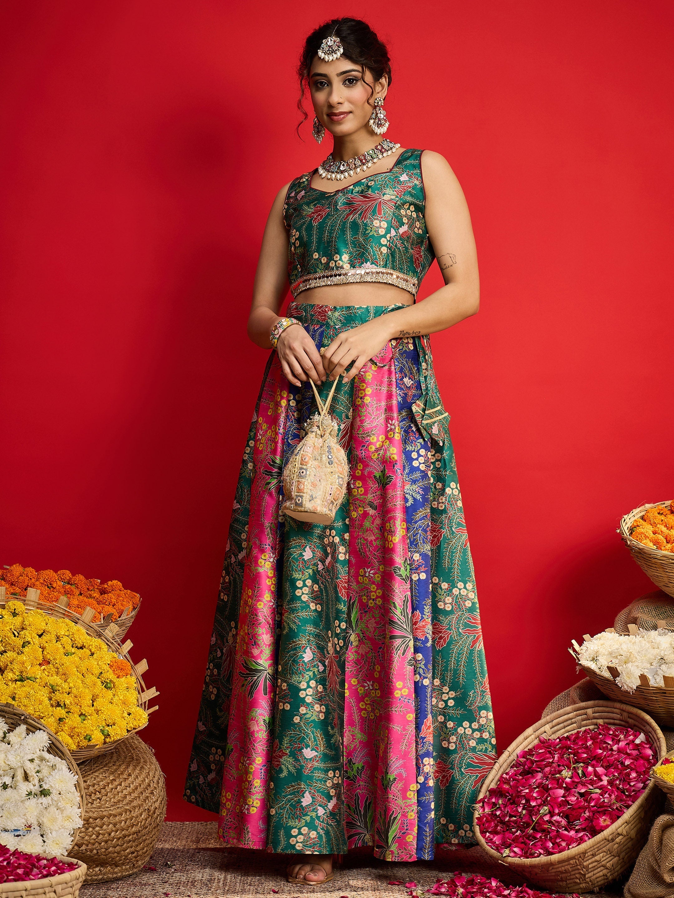 Women Green Multi Floral Anarkali Skirt With Crop Top-SHSET96579