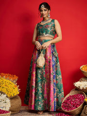 Women Green Multi Floral Anarkali Skirt With Crop Top-SHSET96579