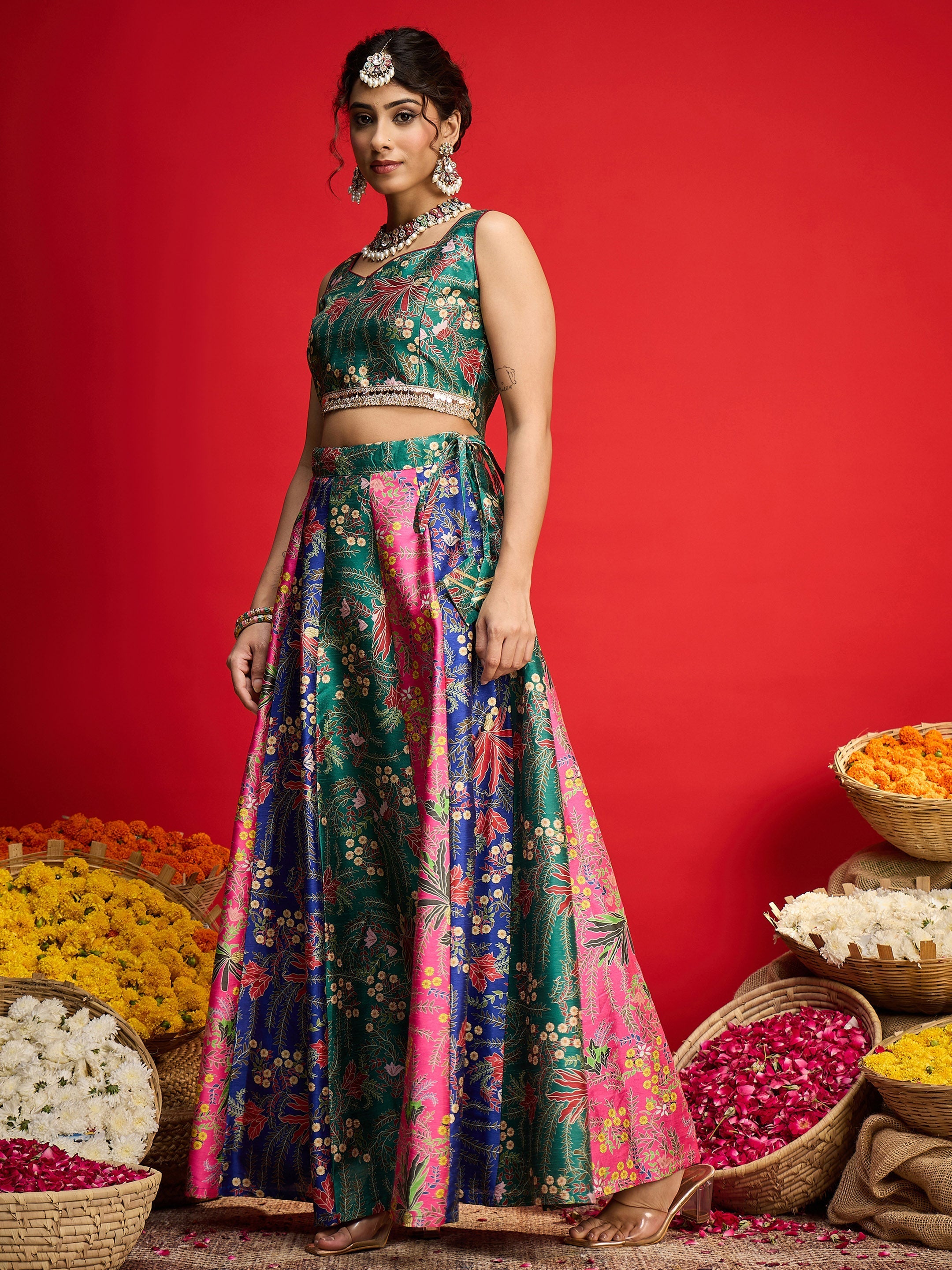 Women Green Multi Floral Anarkali Skirt With Crop Top-SHSET96579