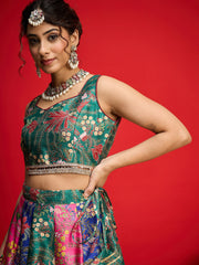 Women Green Multi Floral Anarkali Skirt With Crop Top-SHSET96579