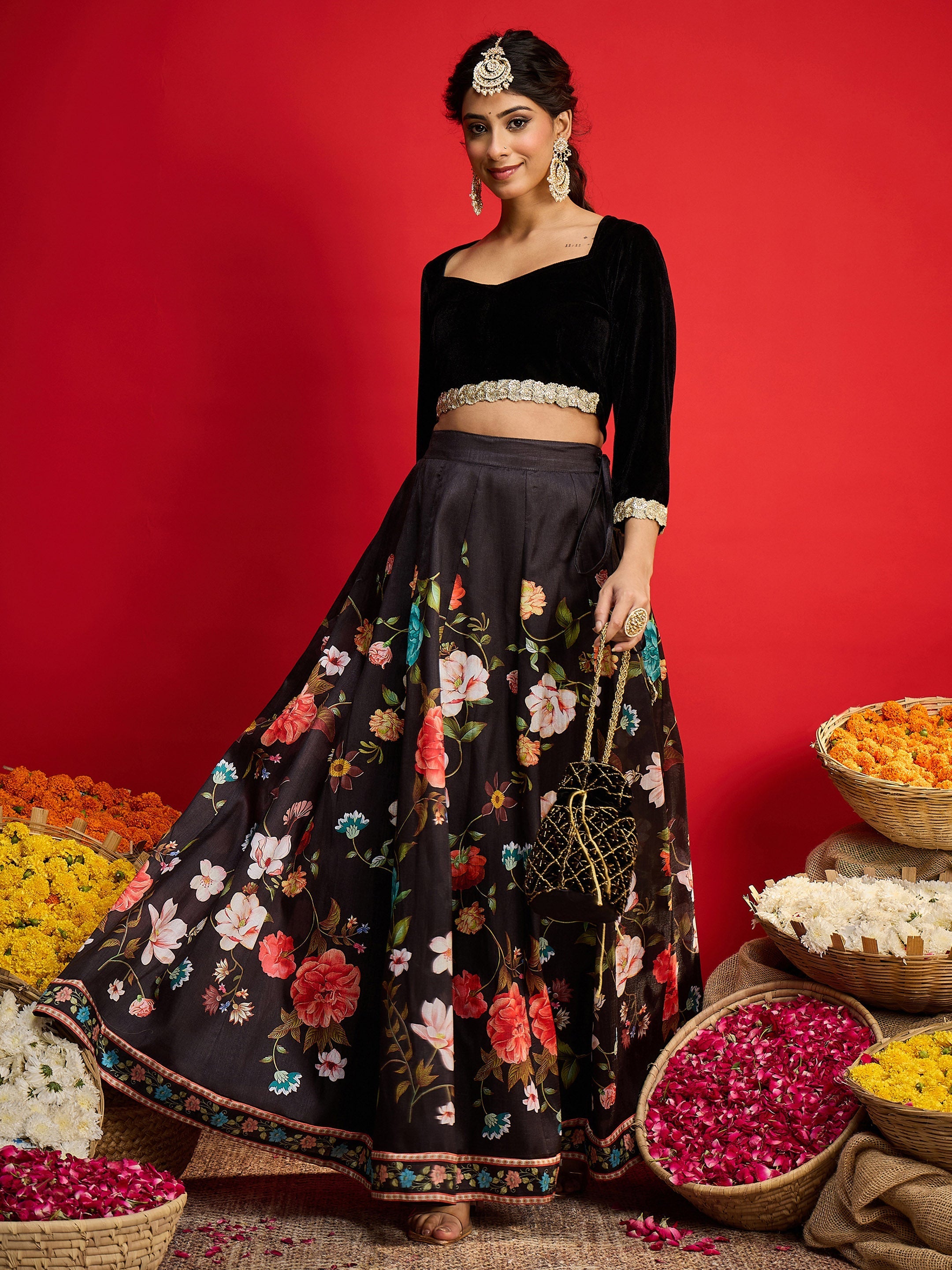 Women Black Velvet Full Sleeve Crop Top With Anarkali Skirt-SHSET96580