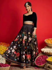 Women Black Velvet Full Sleeve Crop Top With Anarkali Skirt-SHSET96580