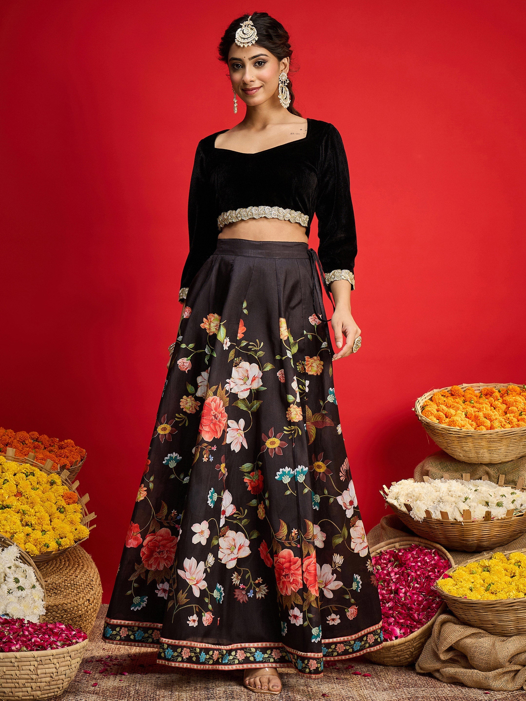 Women Black Velvet Full Sleeve Crop Top With Anarkali Skirt-SHSET96580