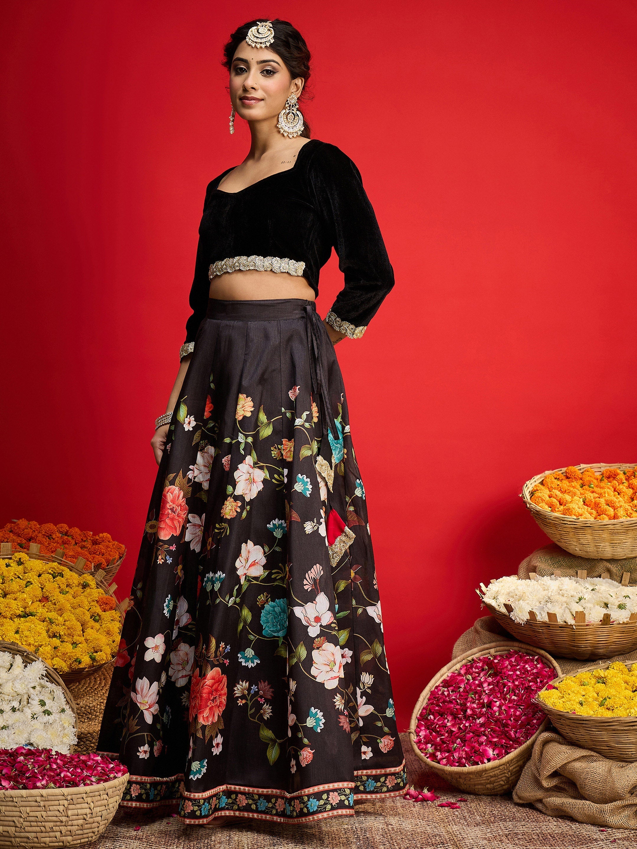 Women Black Velvet Full Sleeve Crop Top With Anarkali Skirt-SHSET96580