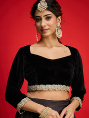 Women Black Velvet Full Sleeve Crop Top With Anarkali Skirt-SHSET96580