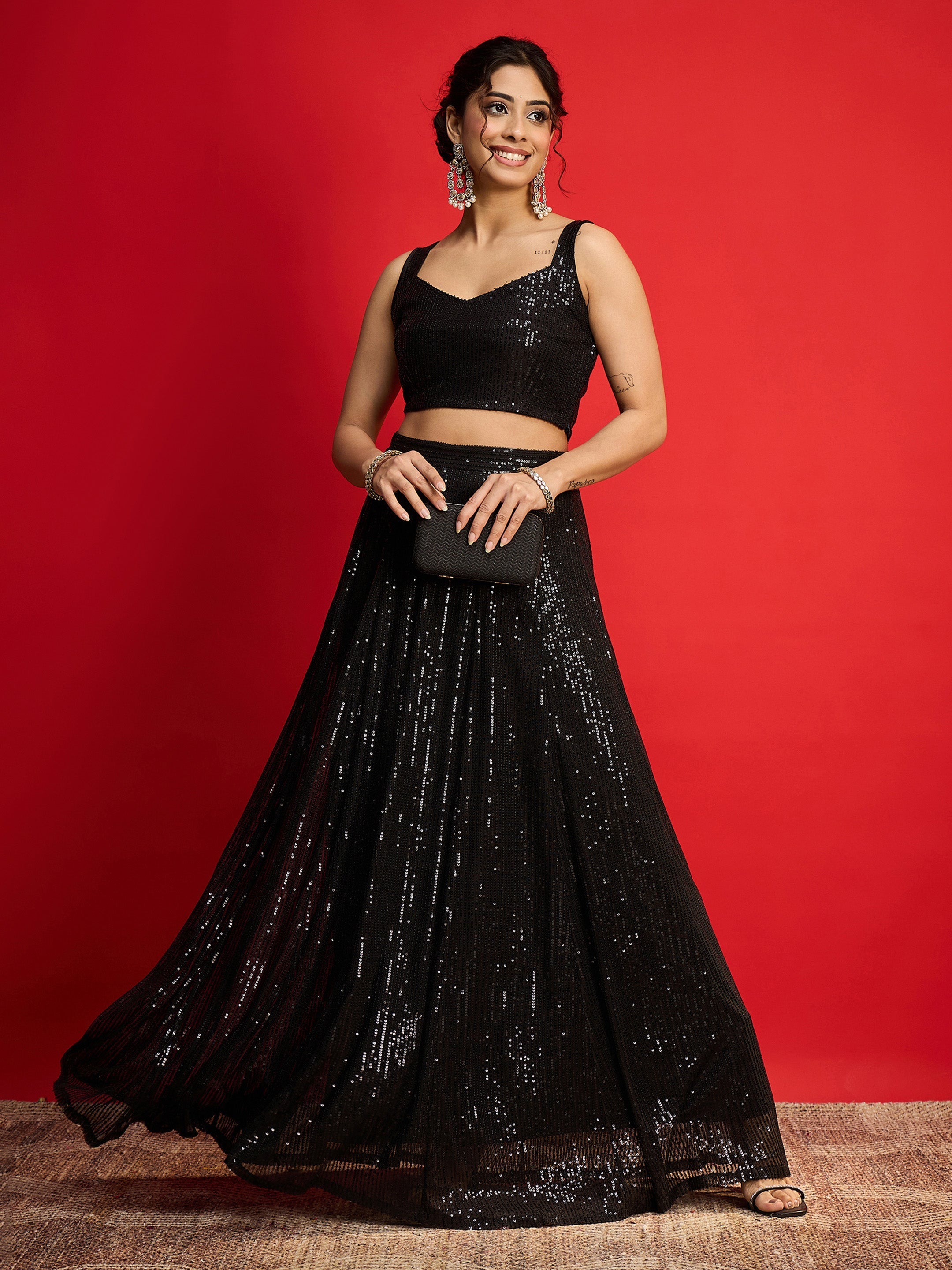 Women Black Sequins Sleeveless Crop Top With Anarkali Skirt-SHSET96581