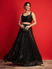 Women Black Sequins Sleeveless Crop Top With Anarkali Skirt-SHSET96581