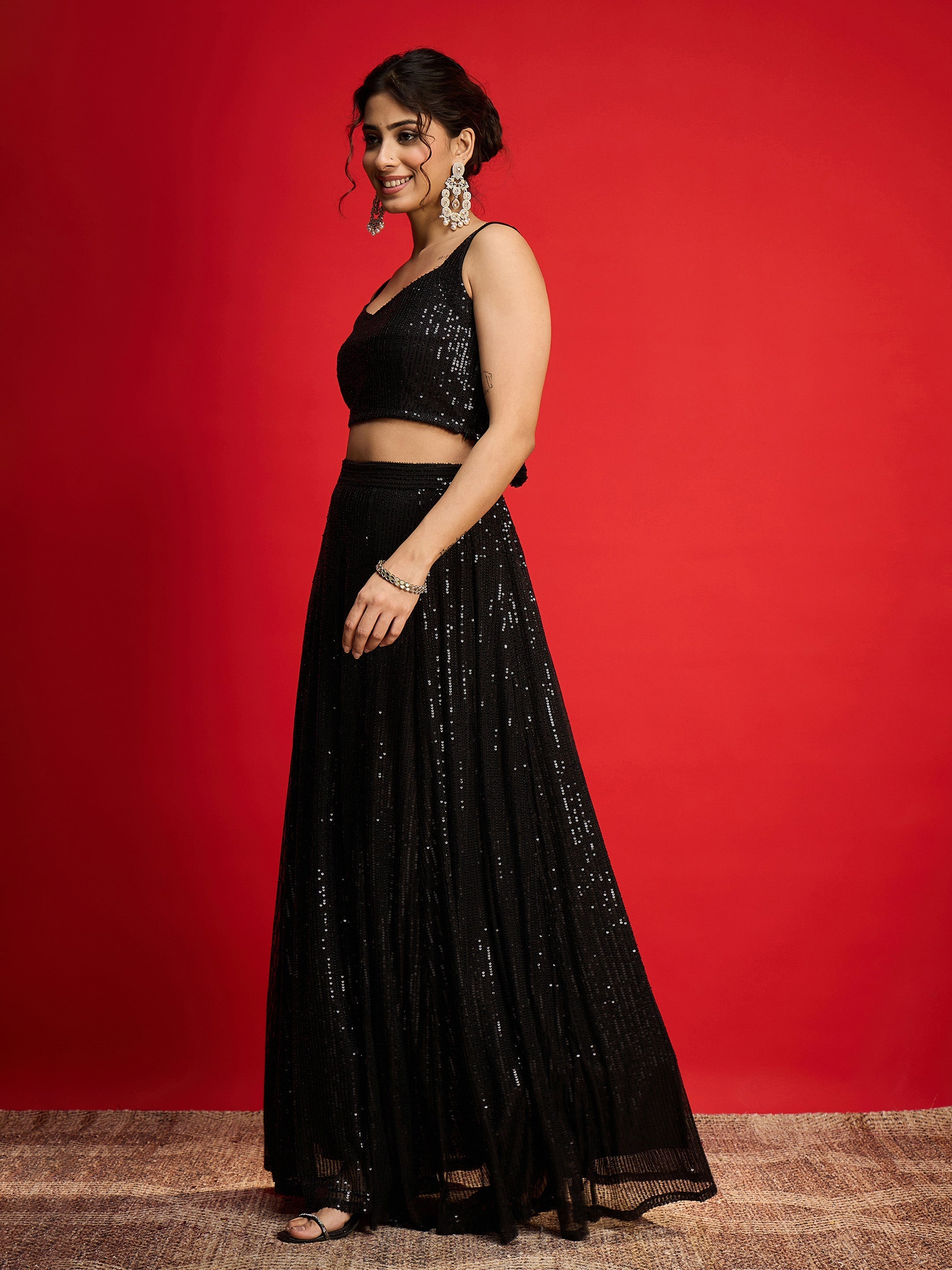 Women Black Sequins Sleeveless Crop Top With Anarkali Skirt-SHSET96581