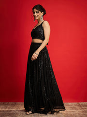 Women Black Sequins Sleeveless Crop Top With Anarkali Skirt-SHSET96581
